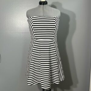 Express black and white stripe skater dress strapless large